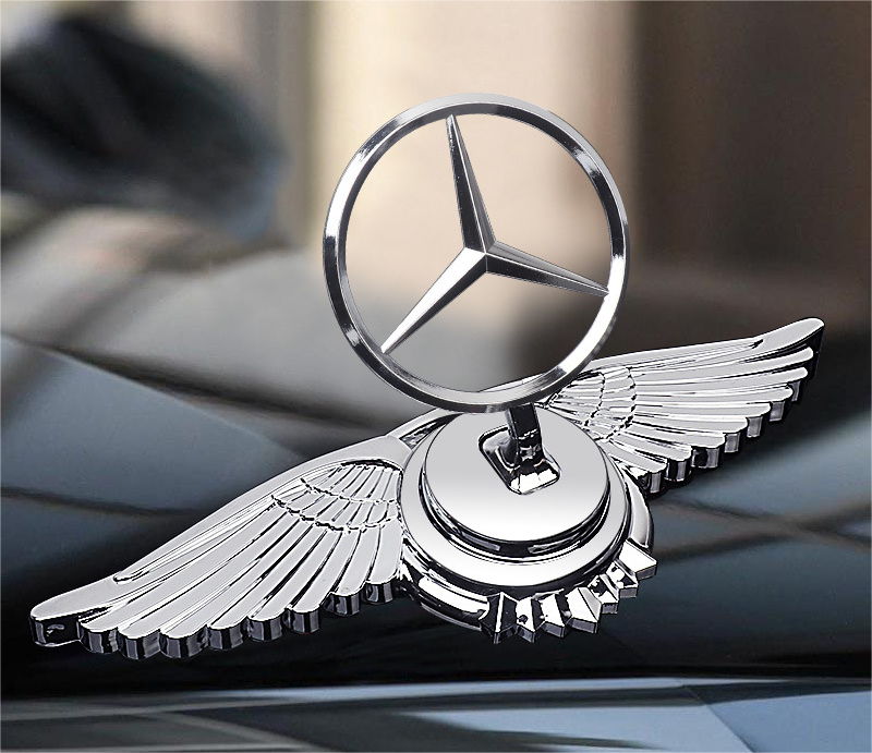 Mercedes-Benz engine hood logo with angel wings - 3D chrome metal emblem for car bonnet customization